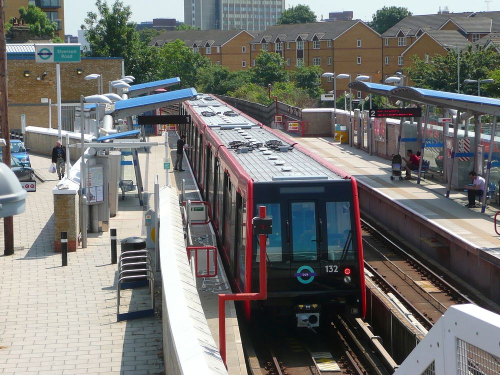 A London Docklands Light Railway train calls at Elverson Road station in south London.