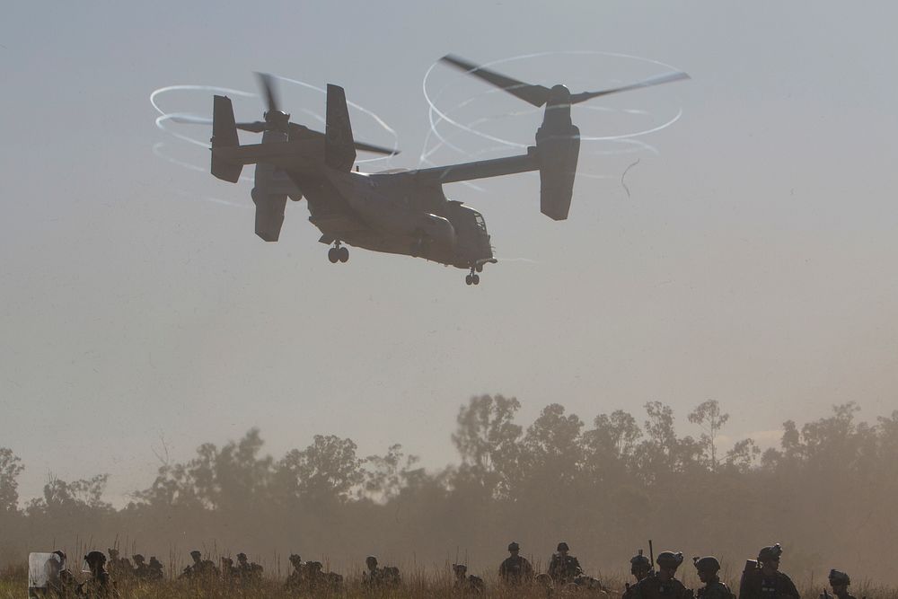 An MV-22B Osprey tiltrotor aircraft takes off after dropping off Marines with Kilo Company, Battalion Landing Team, 3rd…