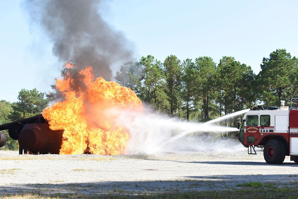 U.S. Air Force firefighters, assigned to the 169th Civil Engineer Squadron, South Carolina Air National Guard, complete…