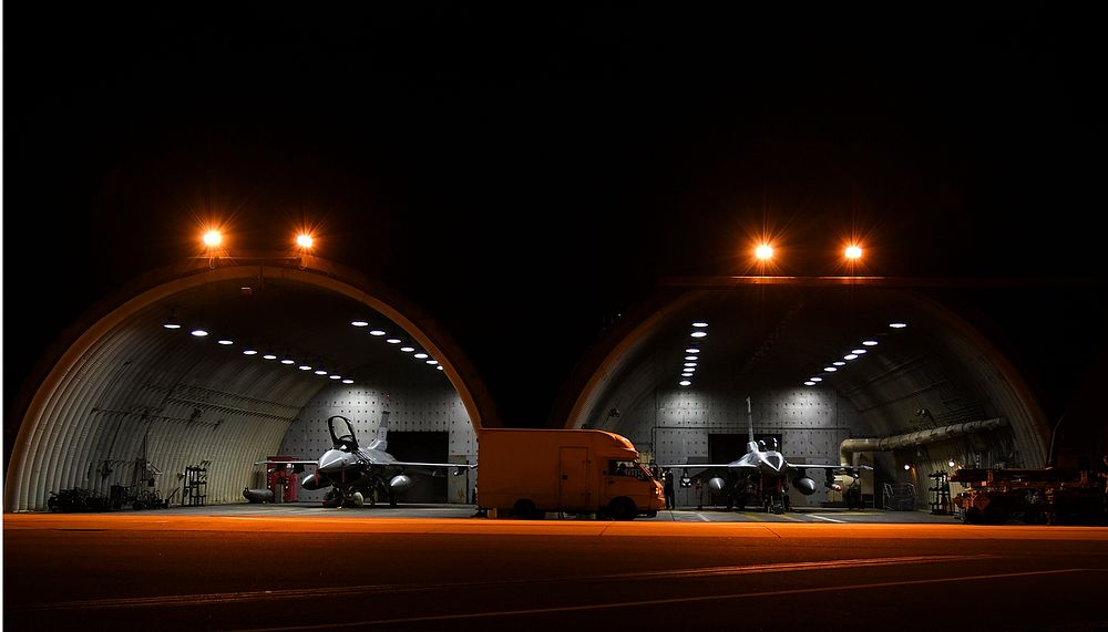 Two U.S. Air Force F-16 Flying Falcon aircraft are seen in hangars during Exercise Beverly Herd 17-3 at Osan Air Base…
