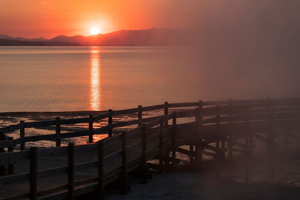 Boardwalk sunrise at West Thum Geyser Basin by Jacob W. Frank. Original public domain image from Flickr