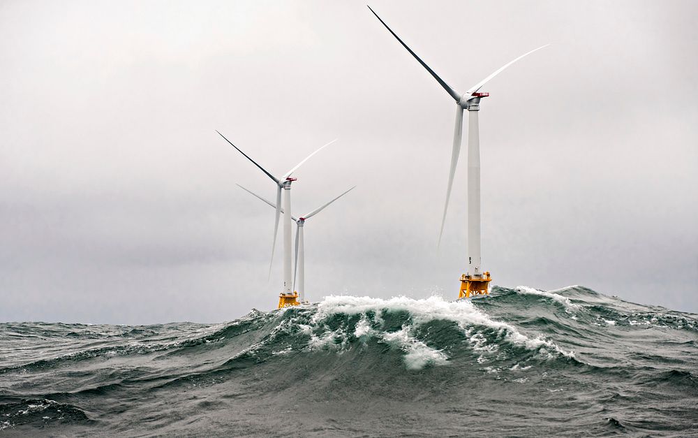 Heavy seas engulf the block island wind, farm, the first US offshore wind farm. Original public domain image from Flickr