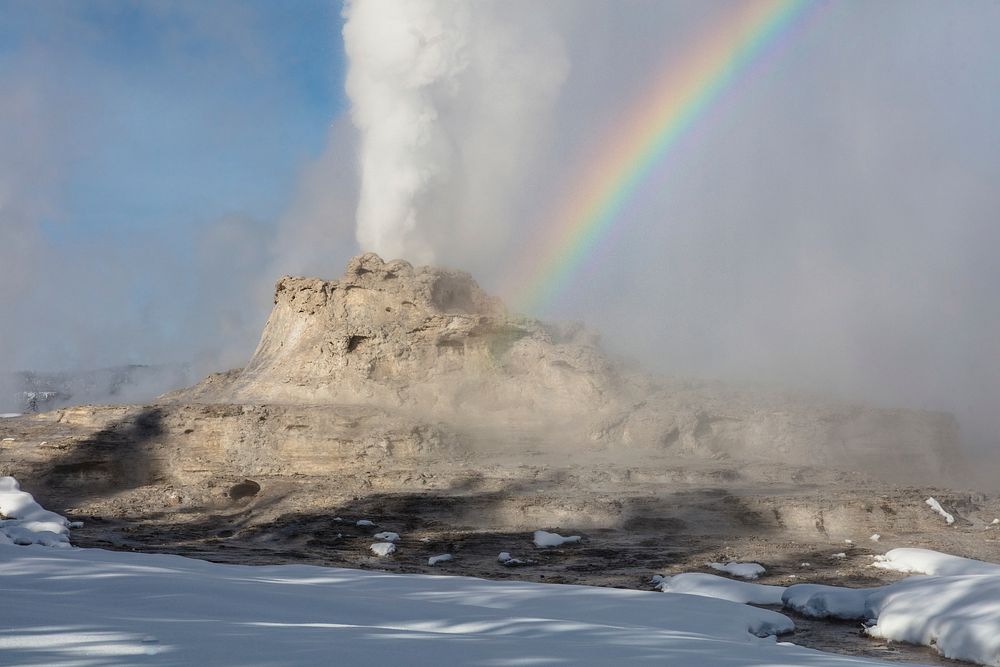 Winter solstice Castle Geyser eruption with rainbow by Jacob W. Frank. Original public domain image from Flickr