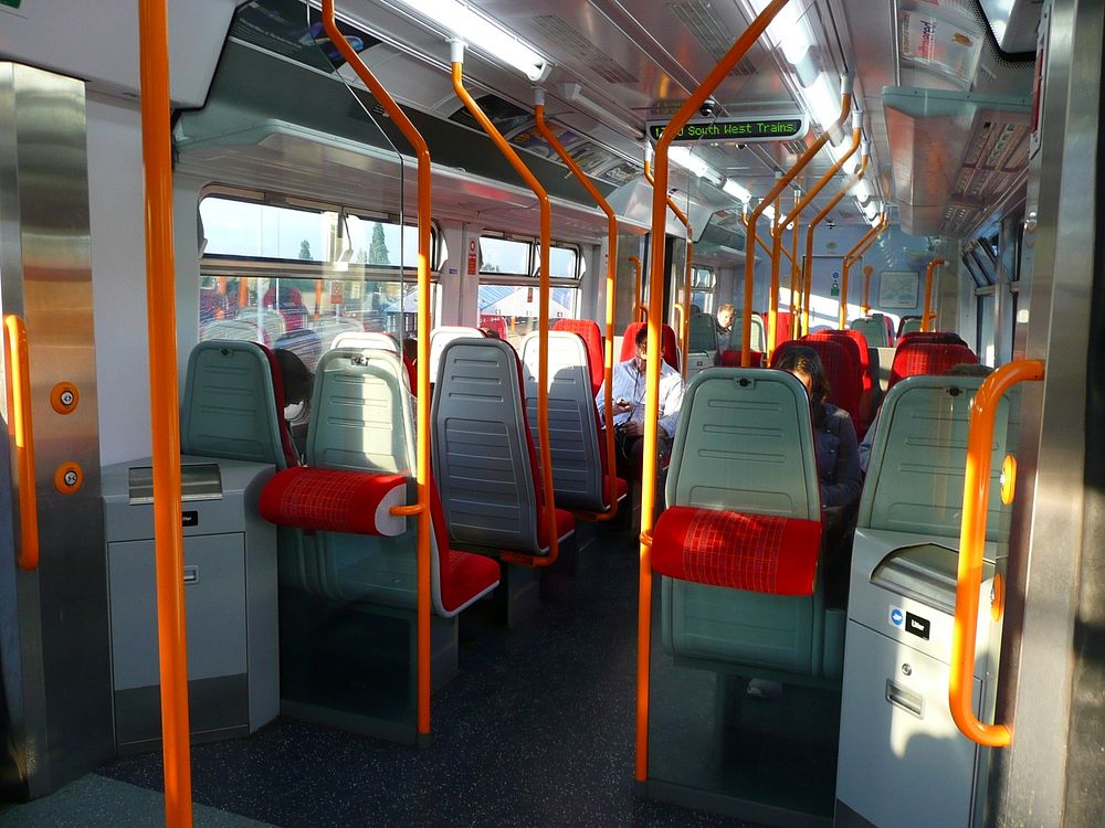 inside a Class 455 train which has been refurbished by SWT - SouthWest Trains.