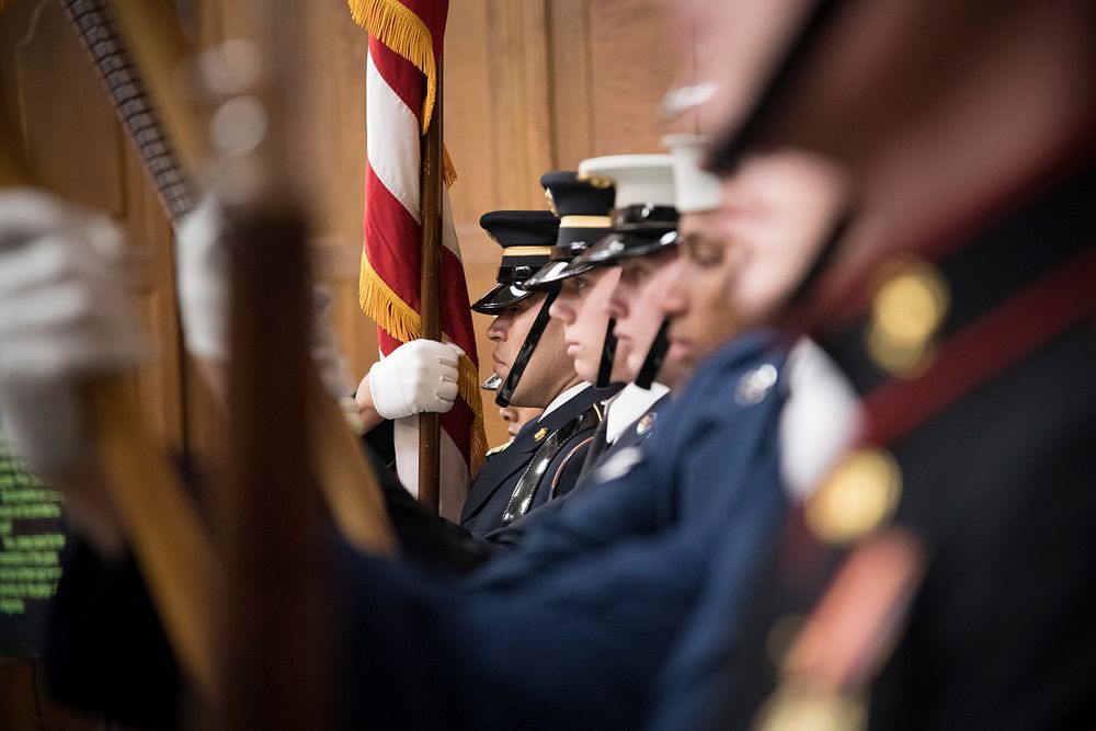 The U.S. Military District of Washington Joint Armed Forces Color Guard present the colors, during the USDA Martin Luther…