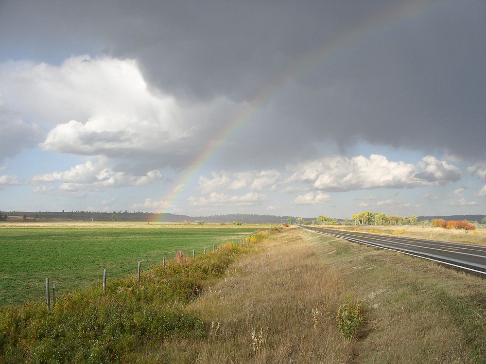 Rainbow over irrigated hayfield, Musselshell River summer 2004. Original public domain image from Flickr