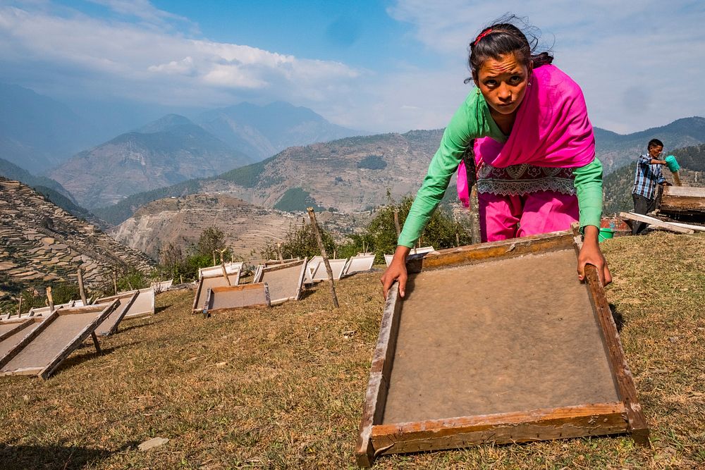 Girl drying handmade paper in remote mountain, Kailash, Bajhang District, Nepal, October 2017.
