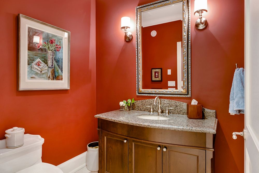 Red bathroom interior. Free public domain CC0 photo.
