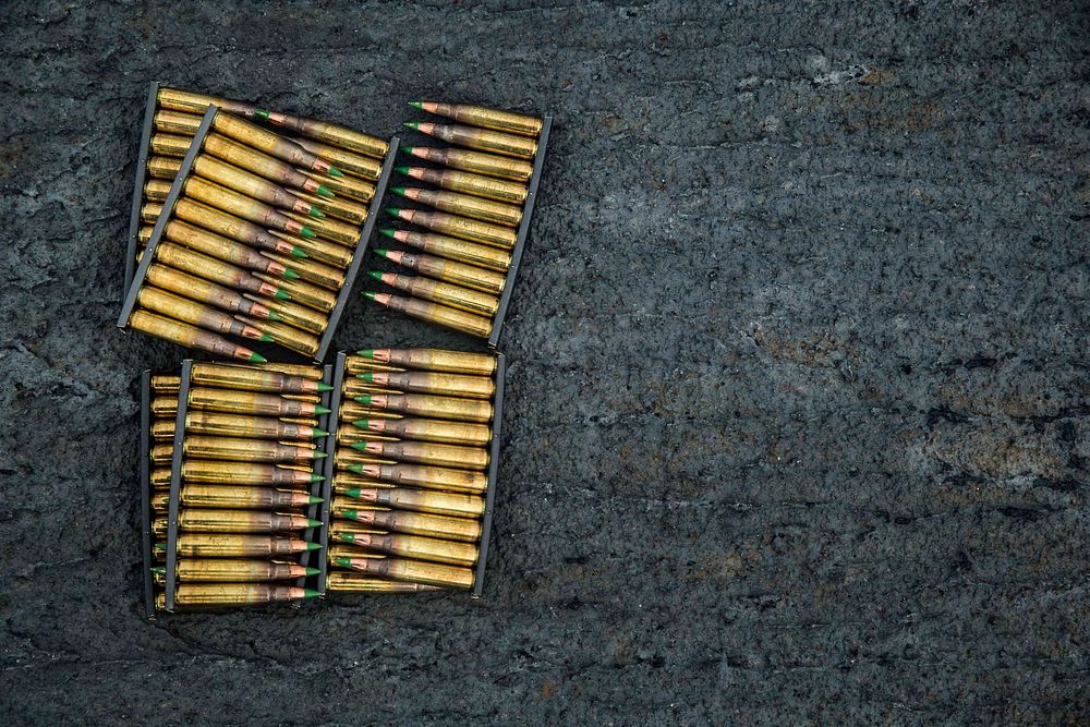 MEDITERRANEAN SEA. Ammunition on the flight deck prior to a basic zeroing of optic deck shoot aboard the Harpers Ferry-class…