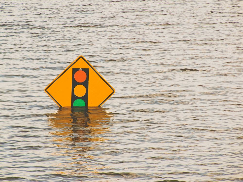 Traffic light sign in flood. Free public domain CC0 image.