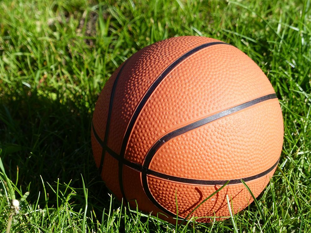 Closeup on basketball in grass. Free public domain CC0 photo.
