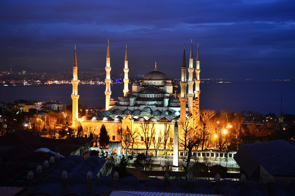 The Blue Mosque at night. Free public domain CC0 photo.