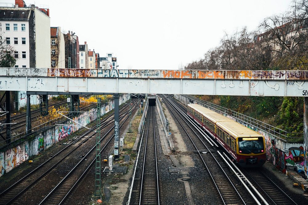 Graffiti walls near a train subway bridge and tracks