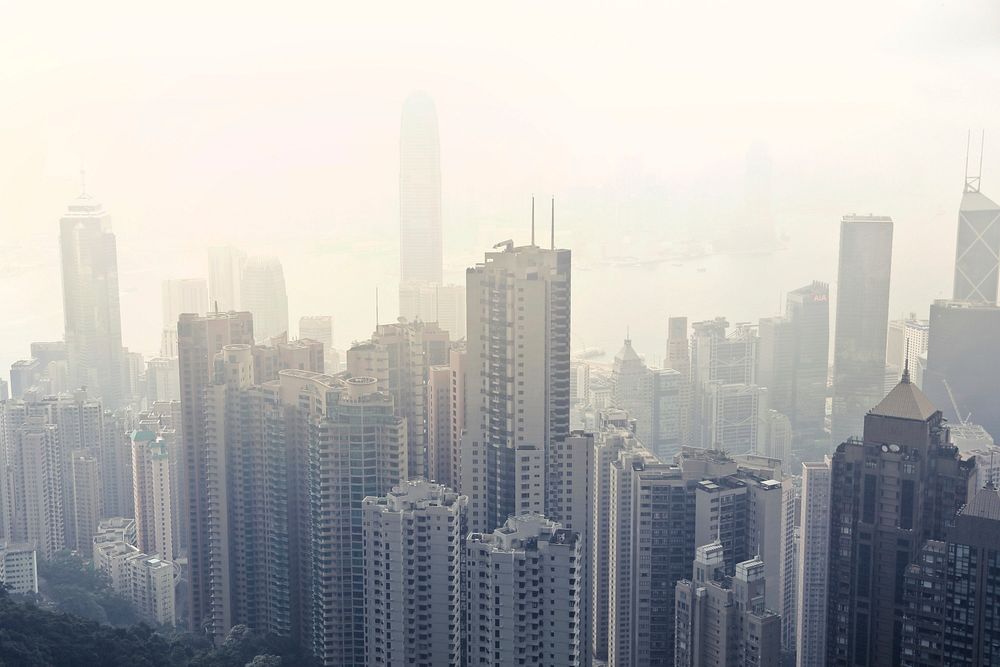 Foggy Landscape View of Skyscrapers in Hong Kong