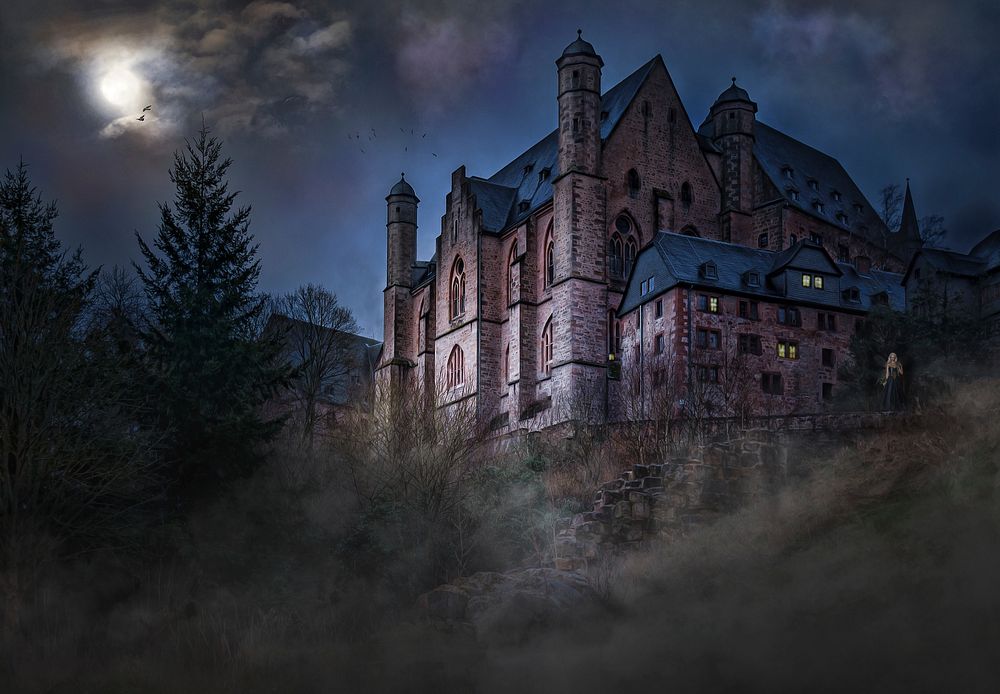 Mystical castle in dark forest. Free public domain CC0 photo.