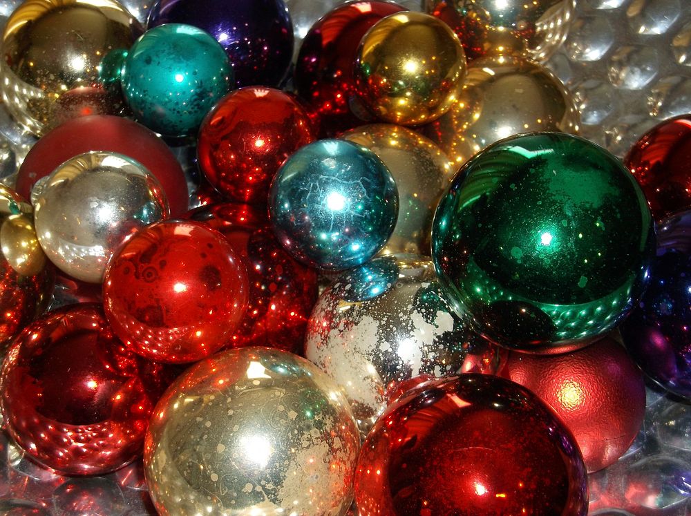 Closeup on colorful Christmas ornaments. Free public domain CC0 photo.