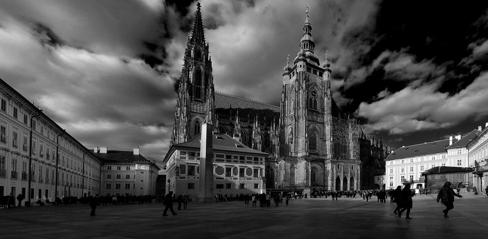 Vintage church architecture in town square. Free public domain CC0 image.