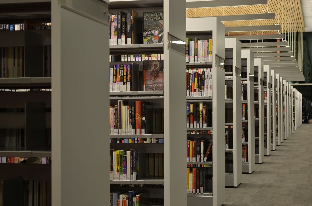 Bookshelves in library. Free public domain CC0 photo.