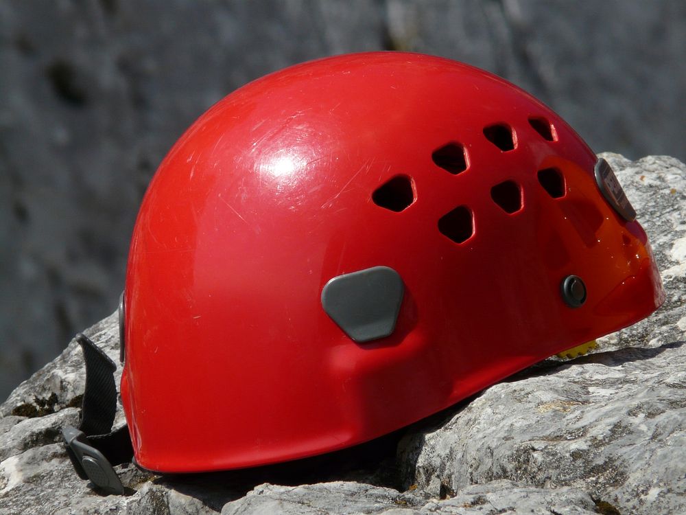 Closeup on helmet for rock climbing. Free public domain CC0 image. 