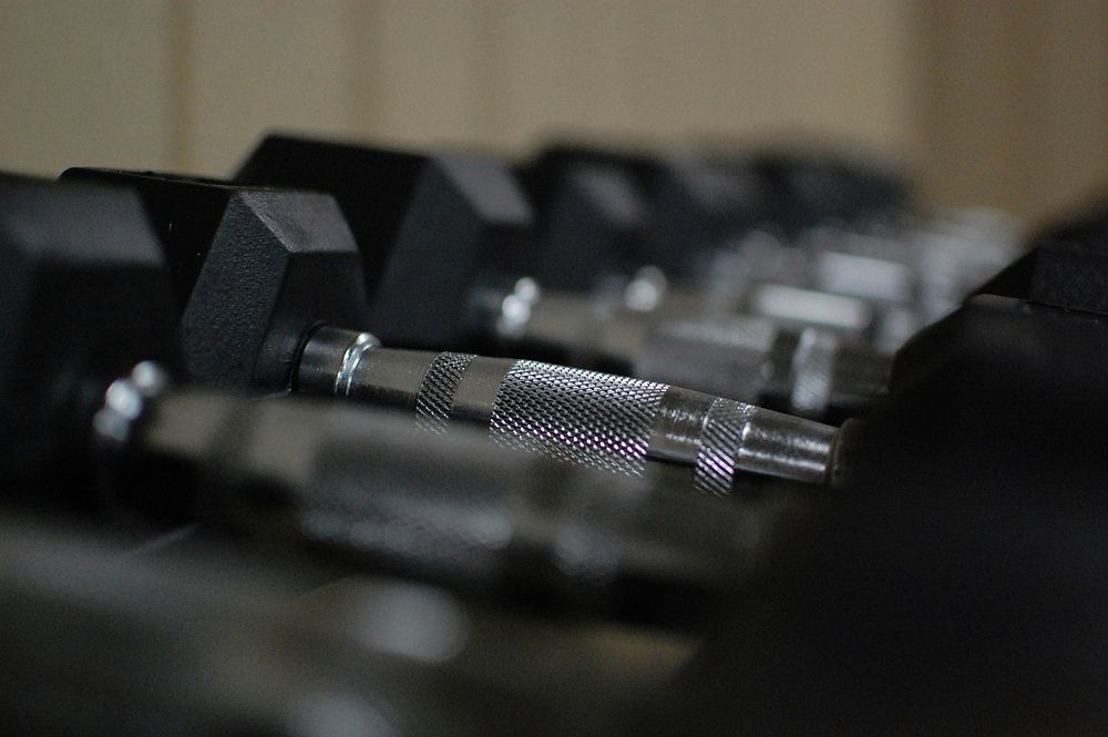 Dumbbells on rack in gym. Free public domain CC0 image. 