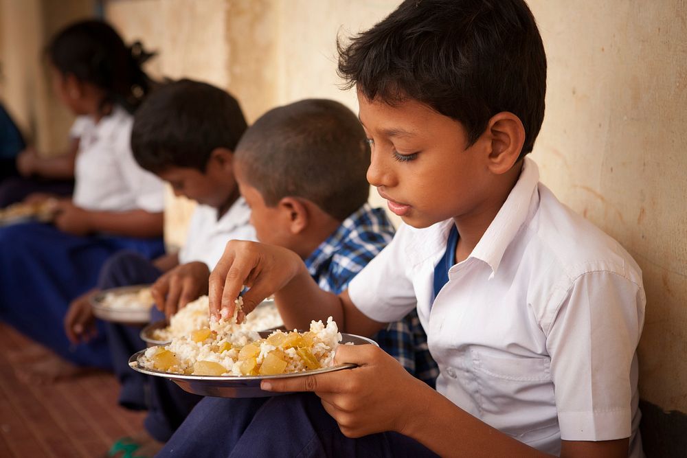 Children eating school lunch, India - 11 January 2016