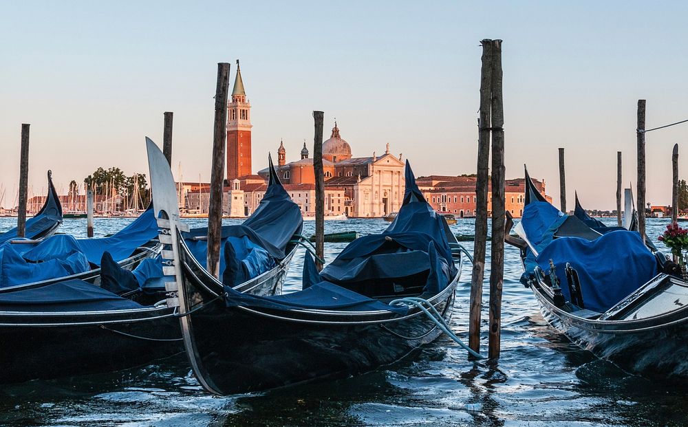 Gondolas on Grand Canal in Venice San Giorgio Maggiore Church. Free public domain CC0 image.