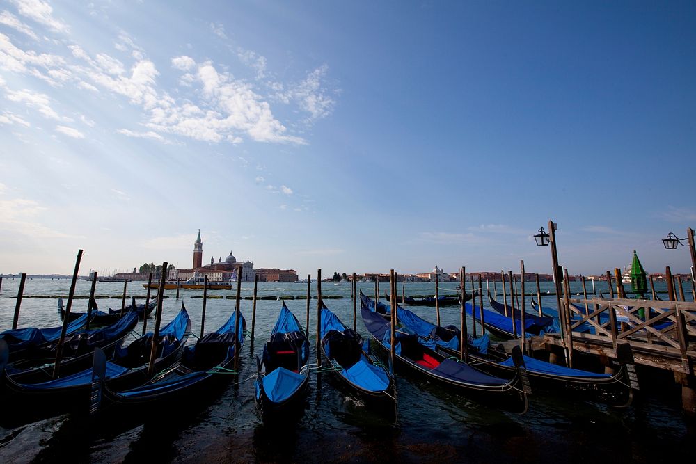 Gondolas on Grand Canal in Venice San Giorgio Maggiore Church. Free public domain CC0 image.