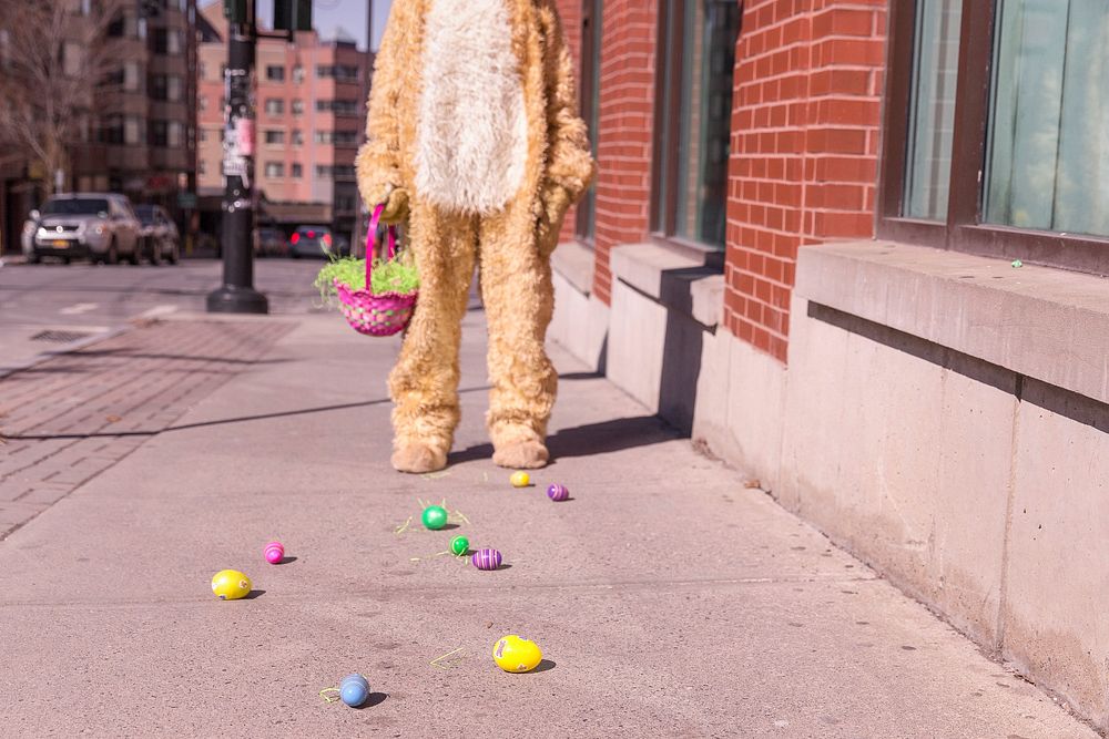 Young Man In Bunny Clothing Holds A Easter Eggs Basket, free public domain CC0 image.