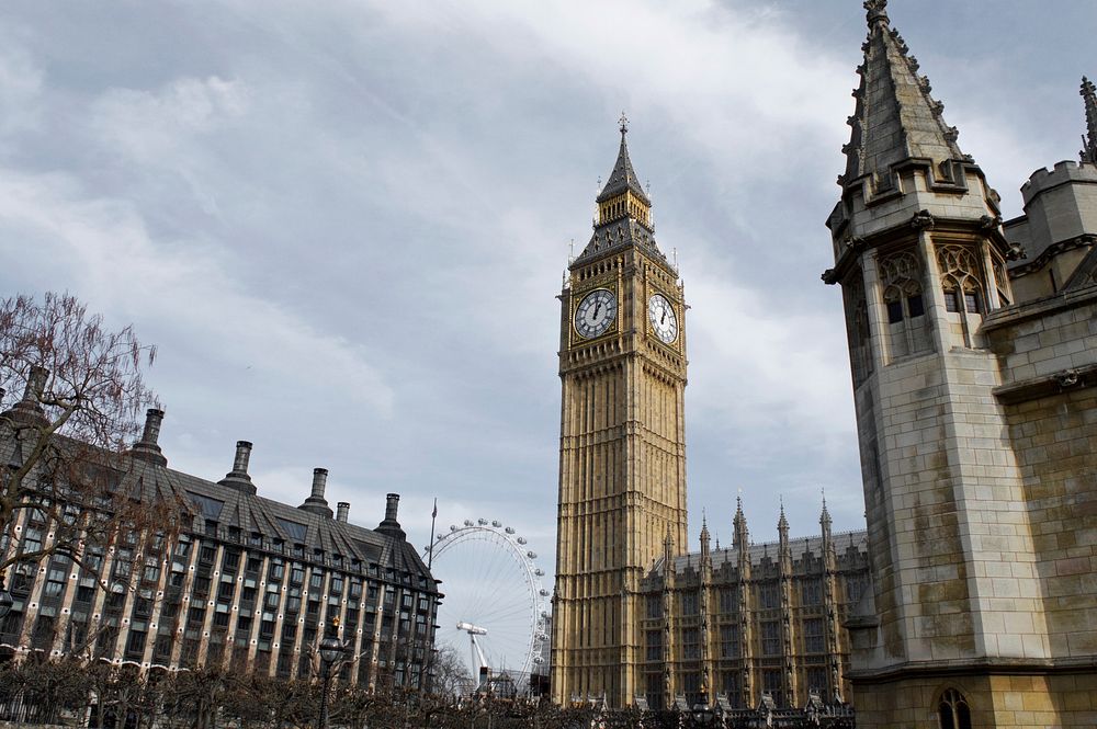 Big Ben clock tower at the north end of the Palace of Westminster in London, England. Free public domain CC0 photo.