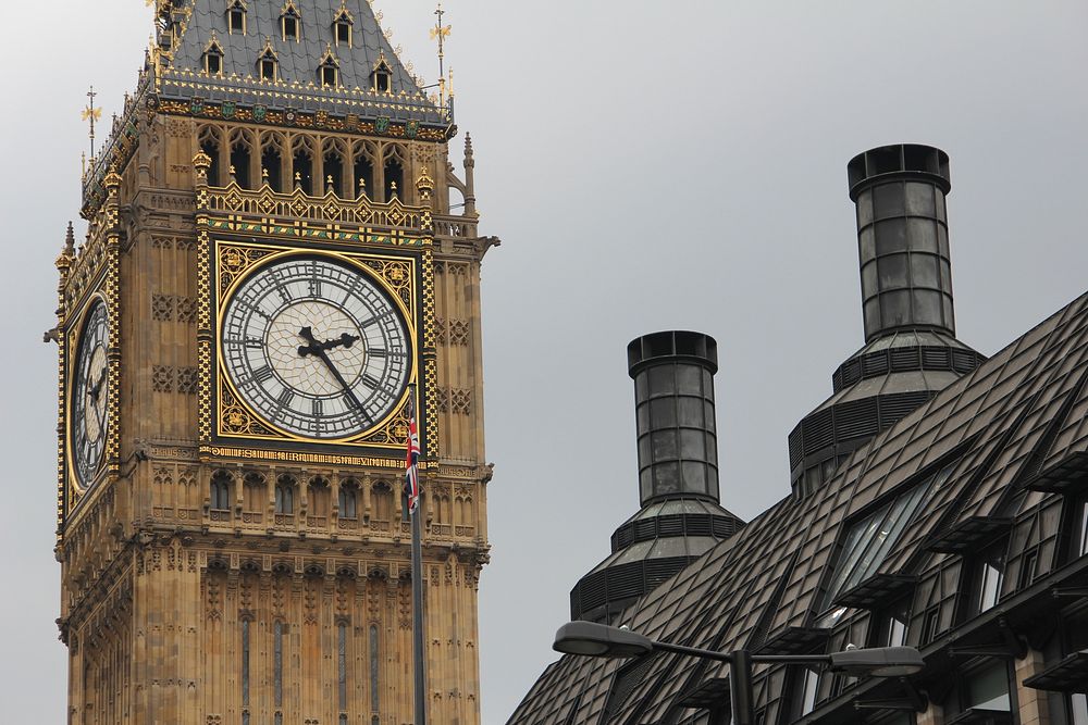 Big Ben clock tower at the north end of the Palace of Westminster in London, England. Free public domain CC0 photo.