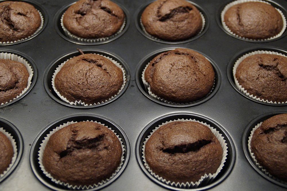 Chocolate muffin in baking tray. Free public domain CC0 photo.
