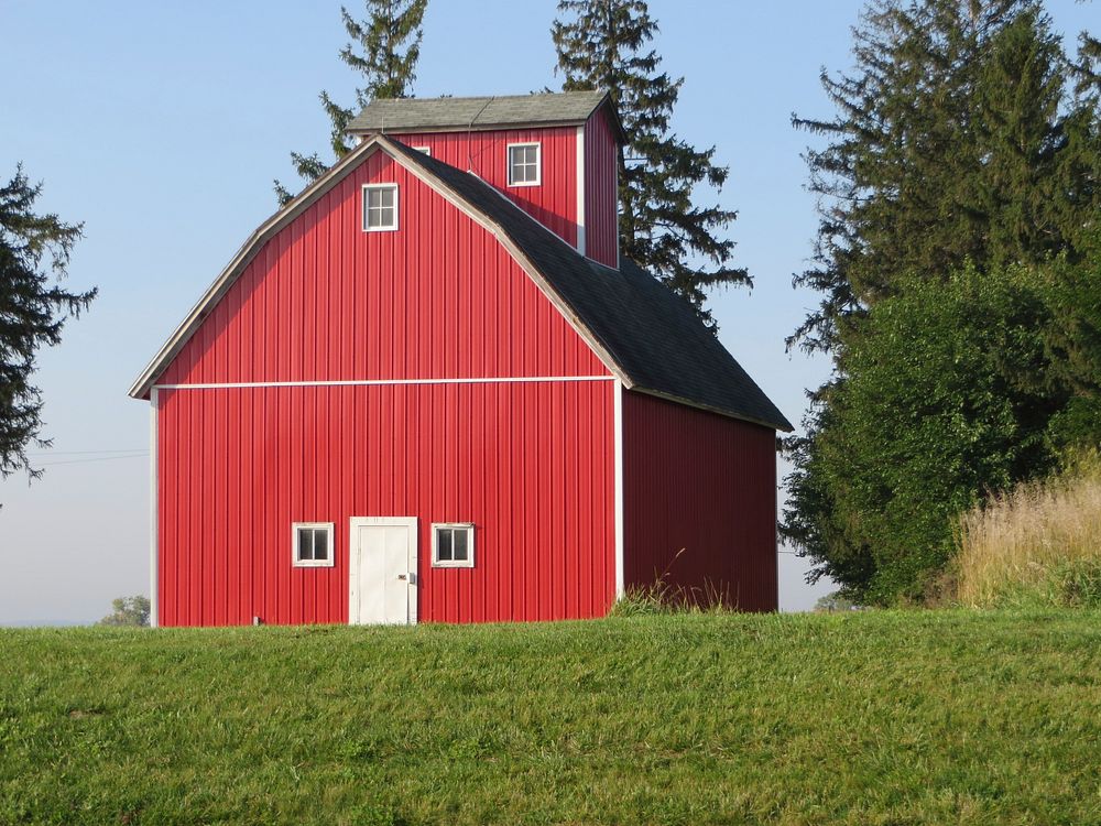 Red barn at farm. Free public domain CC0 photo.
