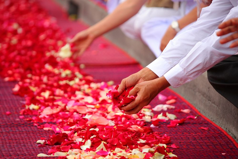 Flower petals on red mat. Free public domain CC0 image.