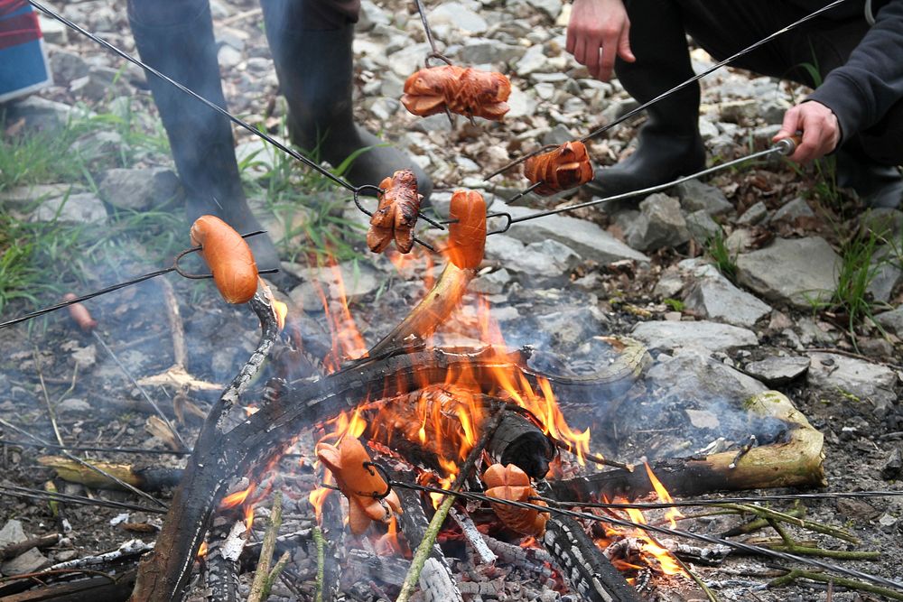 Grilling sausage over bonfire. Free public domain CC0 photo.