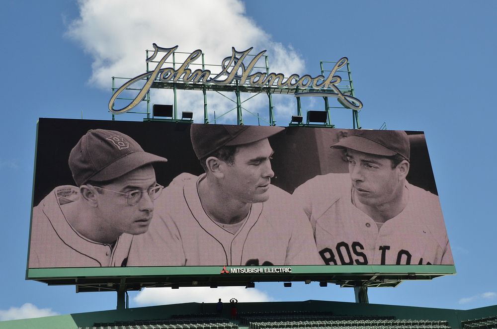 Mitsubishi Electric advertising panel of Joe DiMaggio, his brother and teammate by John Hancock sign, Red Sox field board…