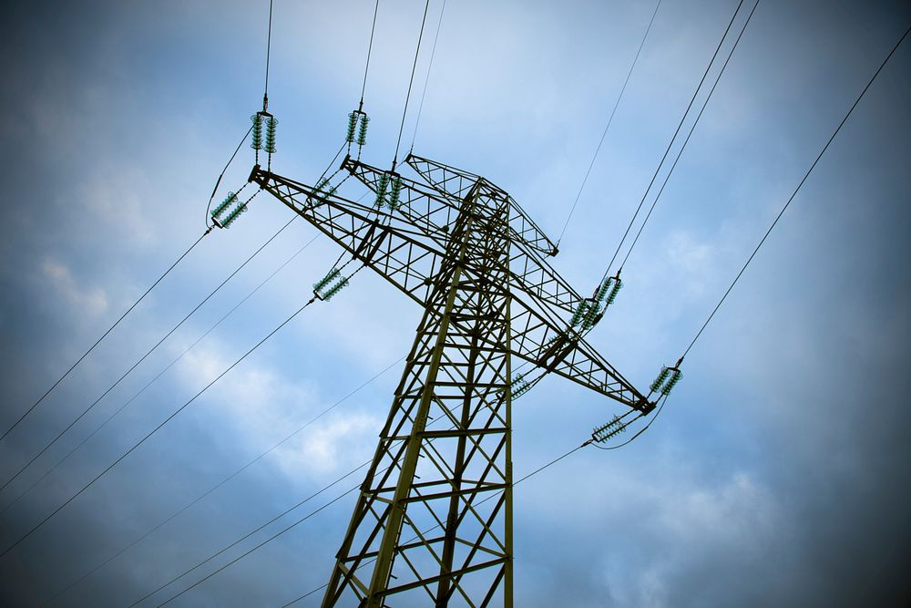 Electric transmission tower power lines. Free public domain CC0 photo.