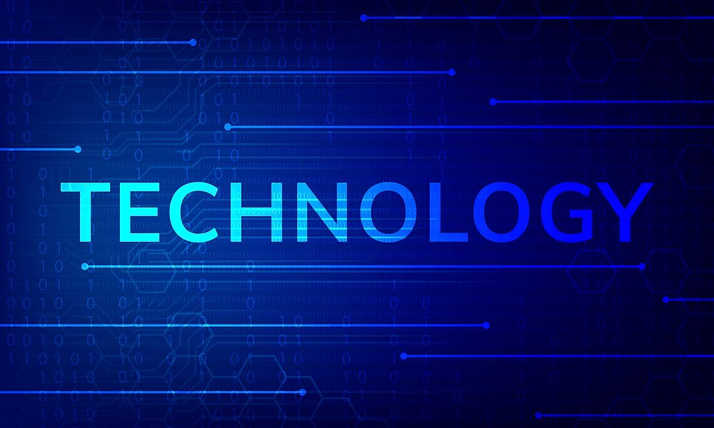 Technology word on blue background