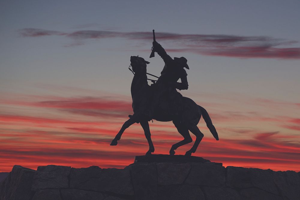 Silhouette of "Buffalo Bill -- the Scout," a bronze sculpture of William F. "Buffalo Bill" Cody as a western scout at the…
