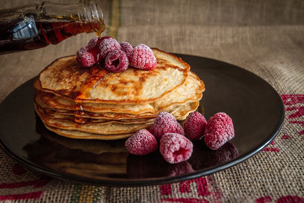 Free pancakes & syrup with raspberry image, public domain food CC0 photo.