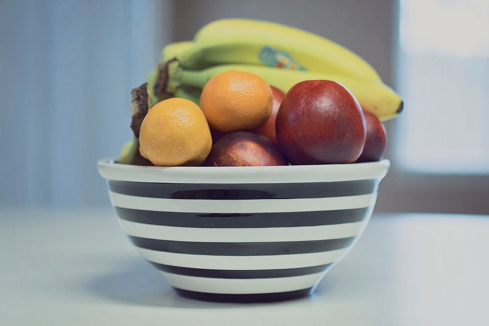 Striped Fruit Bowl with Apples, Bananas & Oranges 