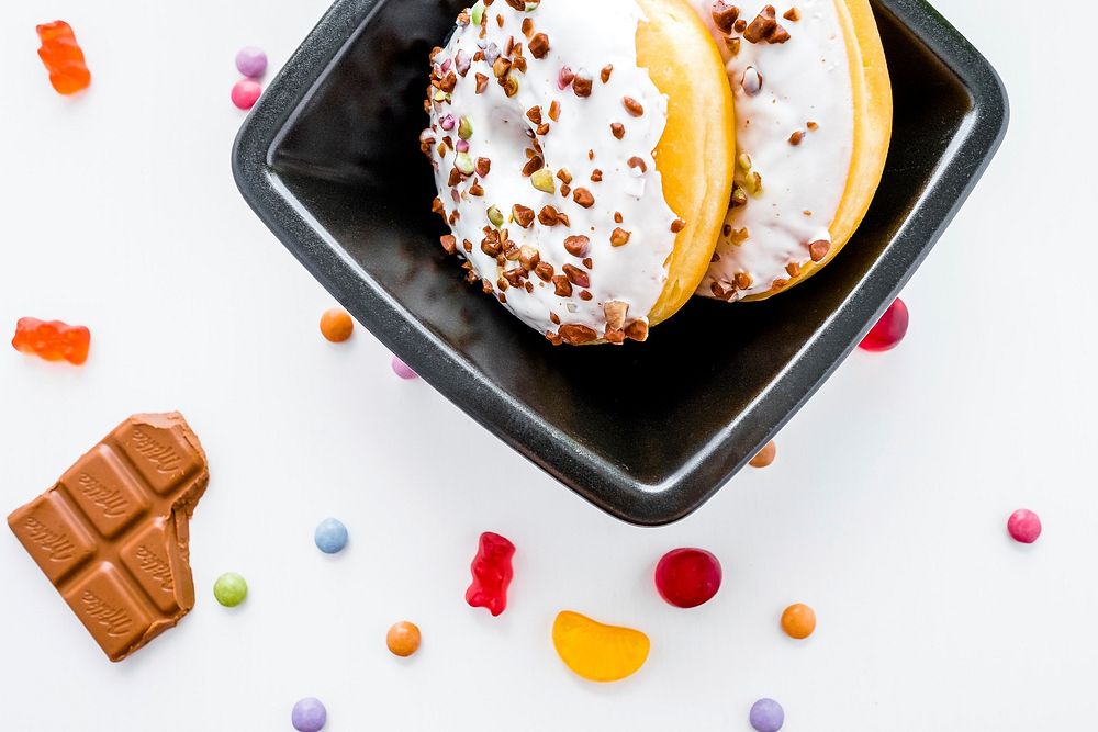 Free donuts with white background image, public domain food CC0 photo.