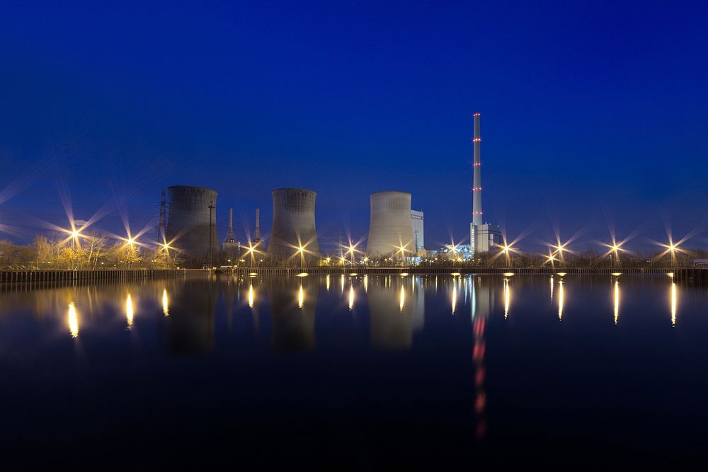 Free power plant at night photo, public domain building CC0 image.