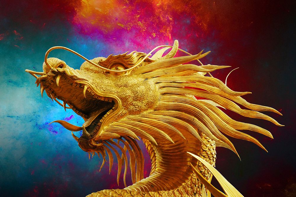 Golden dragon on colorful background, free public domain CC0 photo.