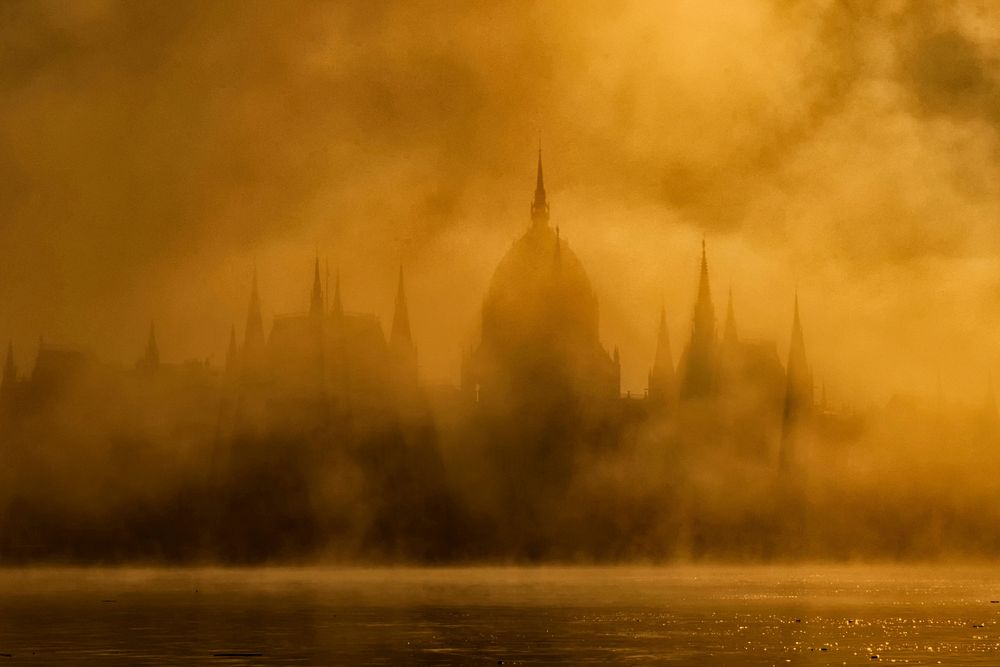 Free Budapest parliament in mist, public domain travel CC0 photo.