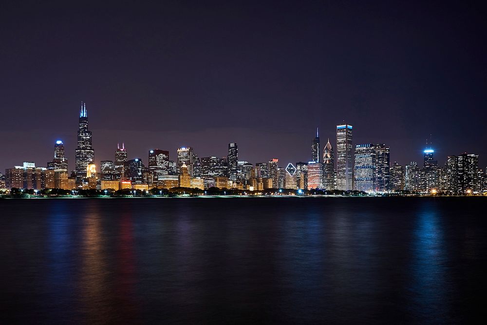 Free Chicago downtown skyline night image, public domain travel CC0 photo.