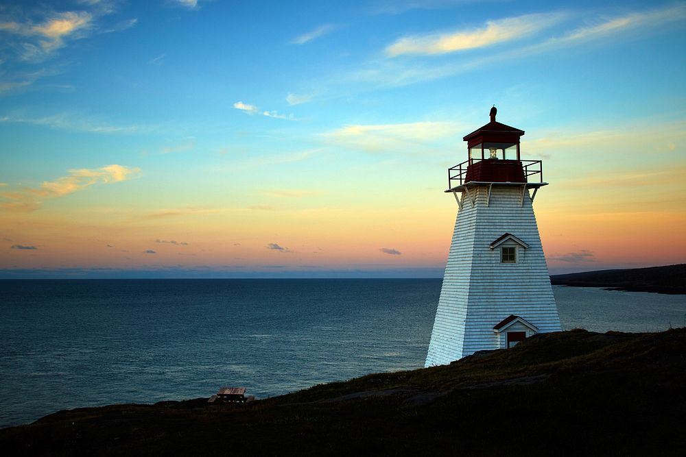 Coastal Lighthouse Sunset, free public domain CC0 image.