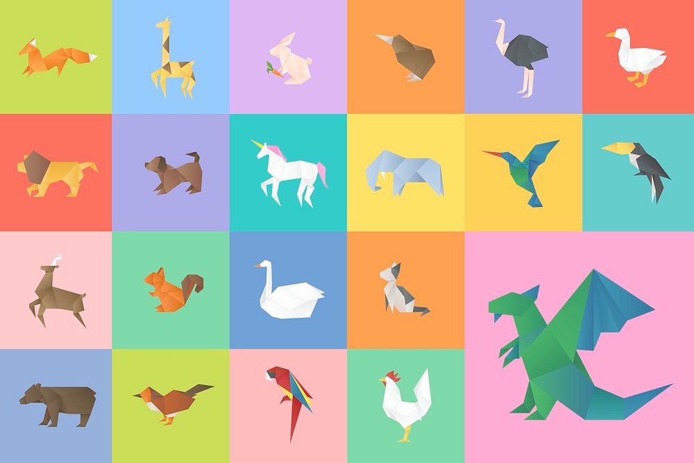 Origami animals geometric psd cut out side view collection