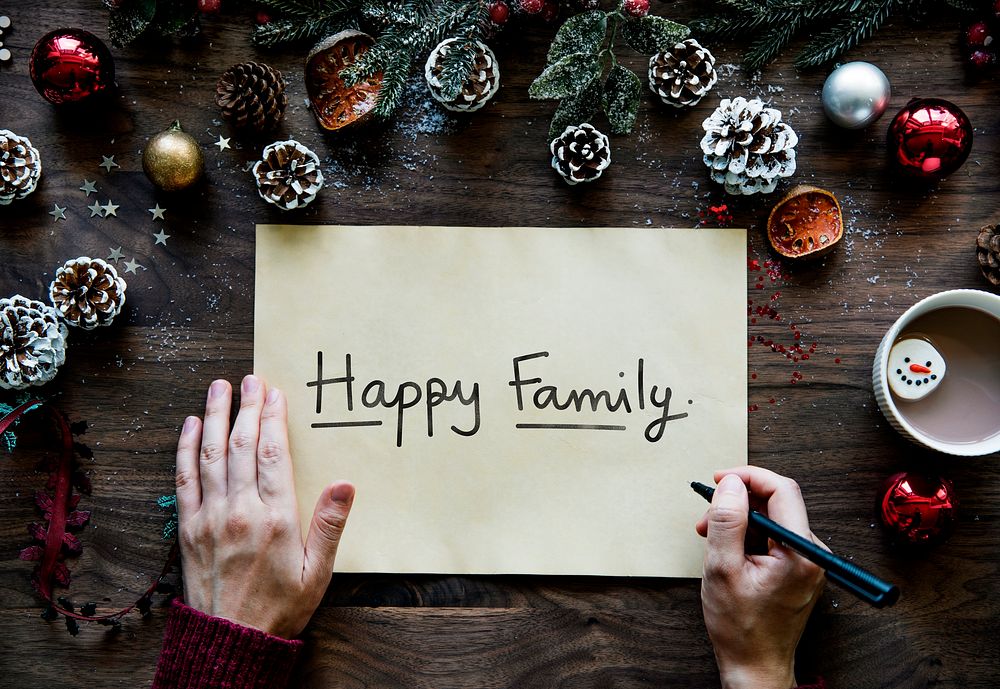 Phrase Happy Family in Christmas background