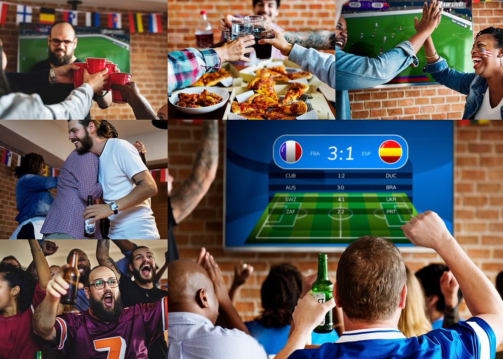 Diverse people watching football world cup images