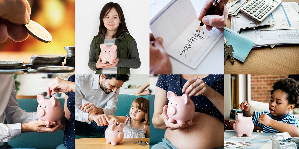Young children saving money on piggybank